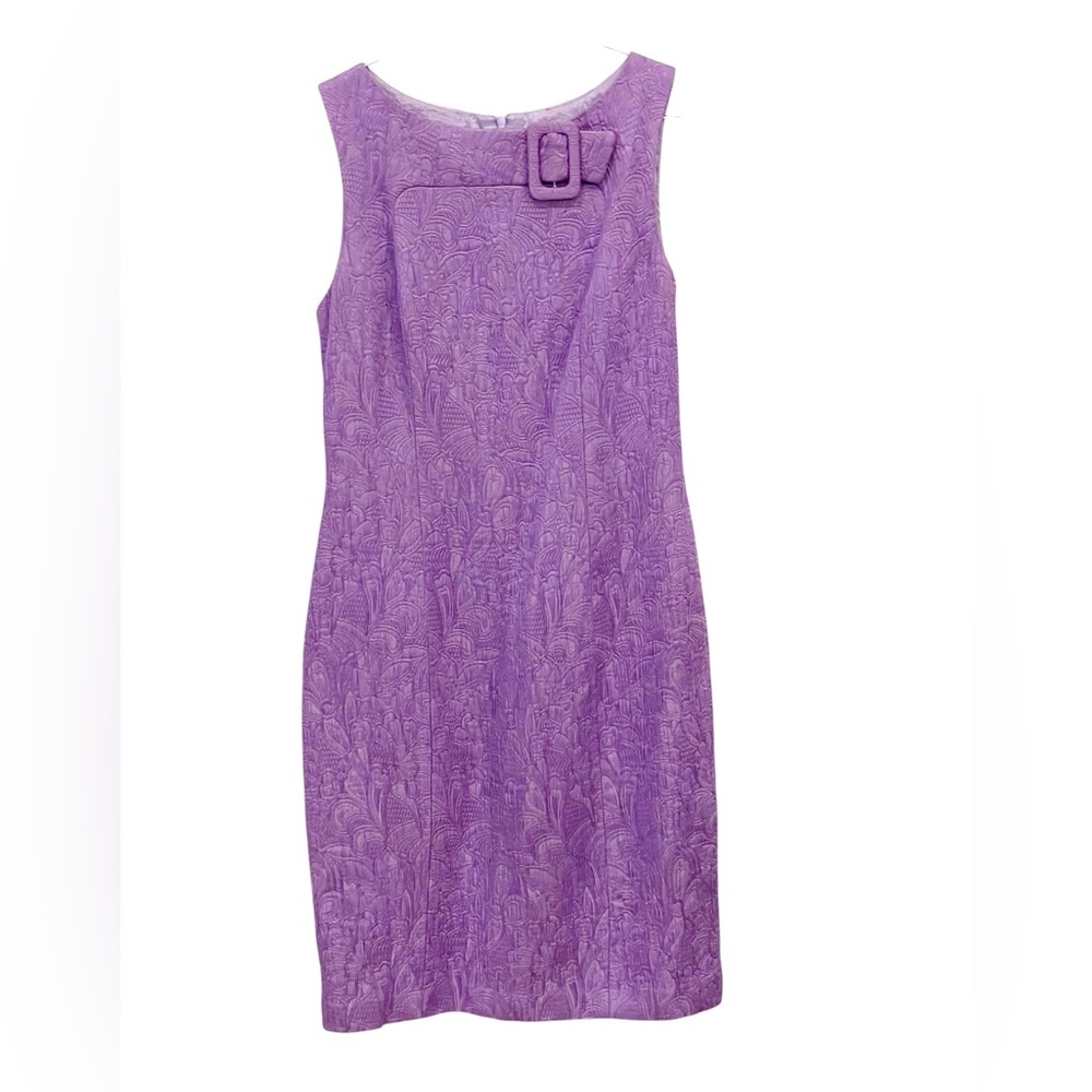 Gorgeous retro embossed lavender sheath dress w/buckle trim “Madman”